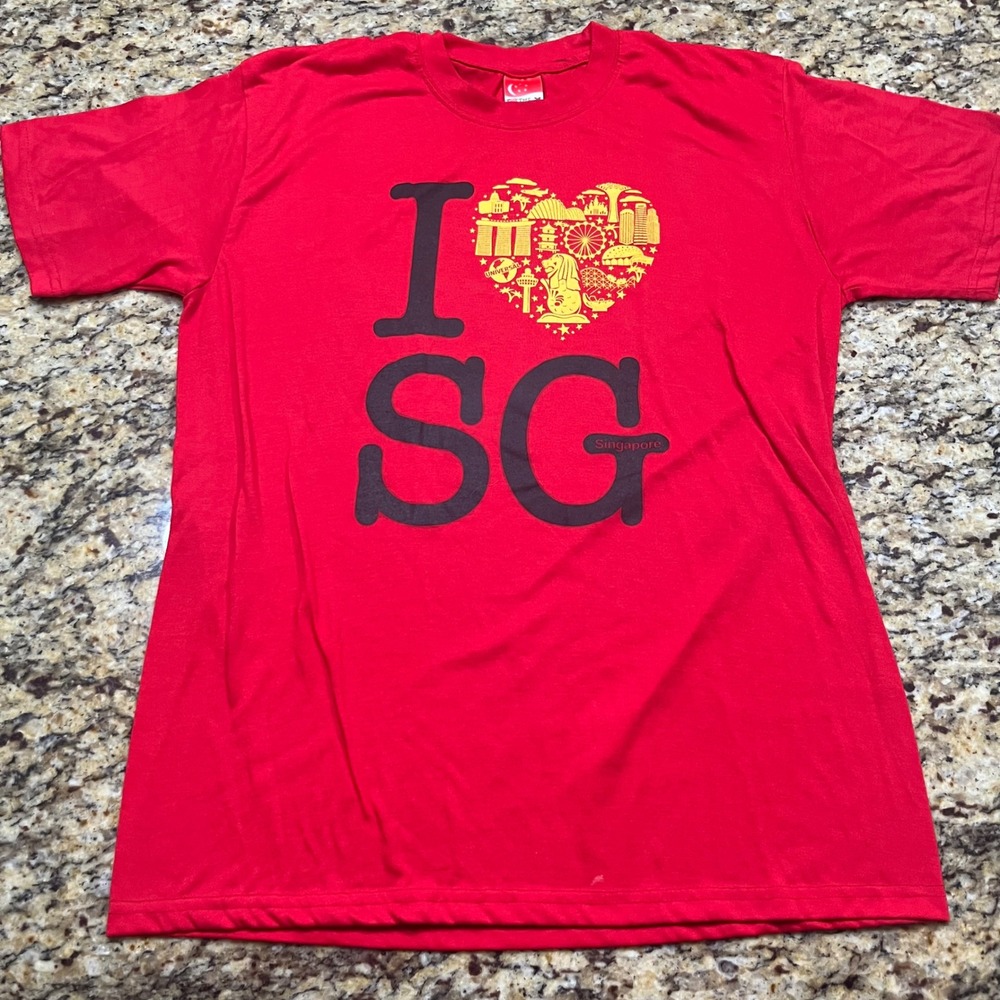 I Love SG Singapore Souvenir T-Shirt Mens XL Red Graphic Merlion Landmark Tee